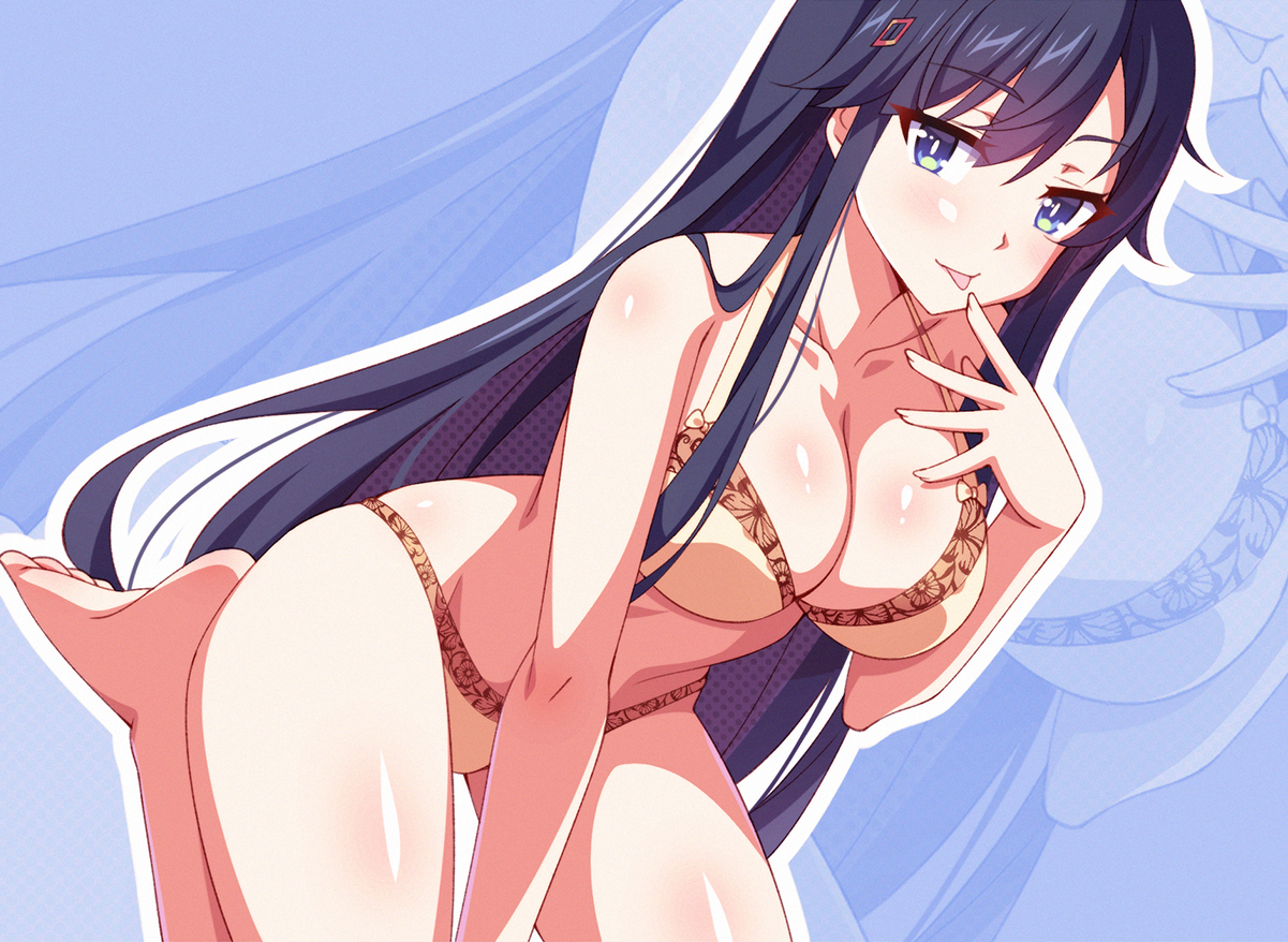 barefoot, black_hair, blue_eyes, blush, bra, breasts, cleavage, long_hair, mmrailgun, ore_wo_suki_nano_wa_omae_dake_ka_yo, panties, sanshokuin_sumireko, underwear, zoom_layer