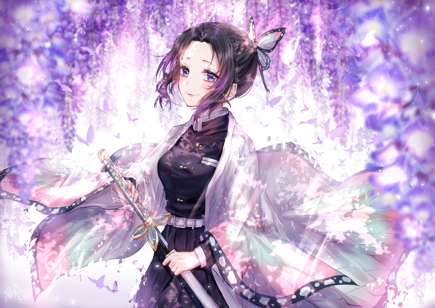 black_hair, flowers, japanese_clothes, katana, kimetsu_no_yaiba, kity1211_tetsu, kochou_shinobu, signed