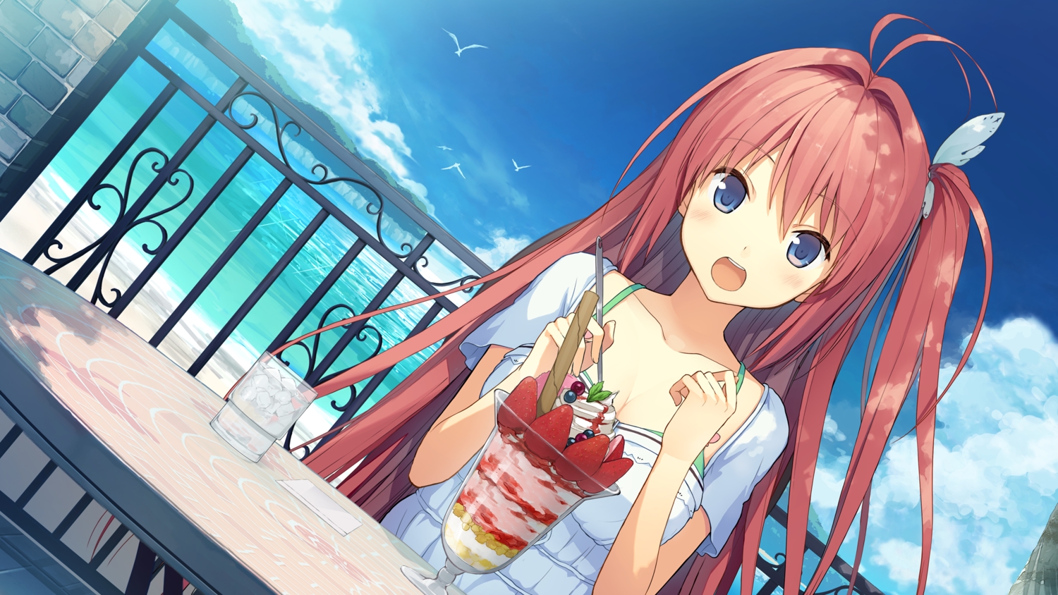 ao_no_kanata_no_four_rhythm, beach, blue_eyes, blush, drink, food, fruit, game_cg