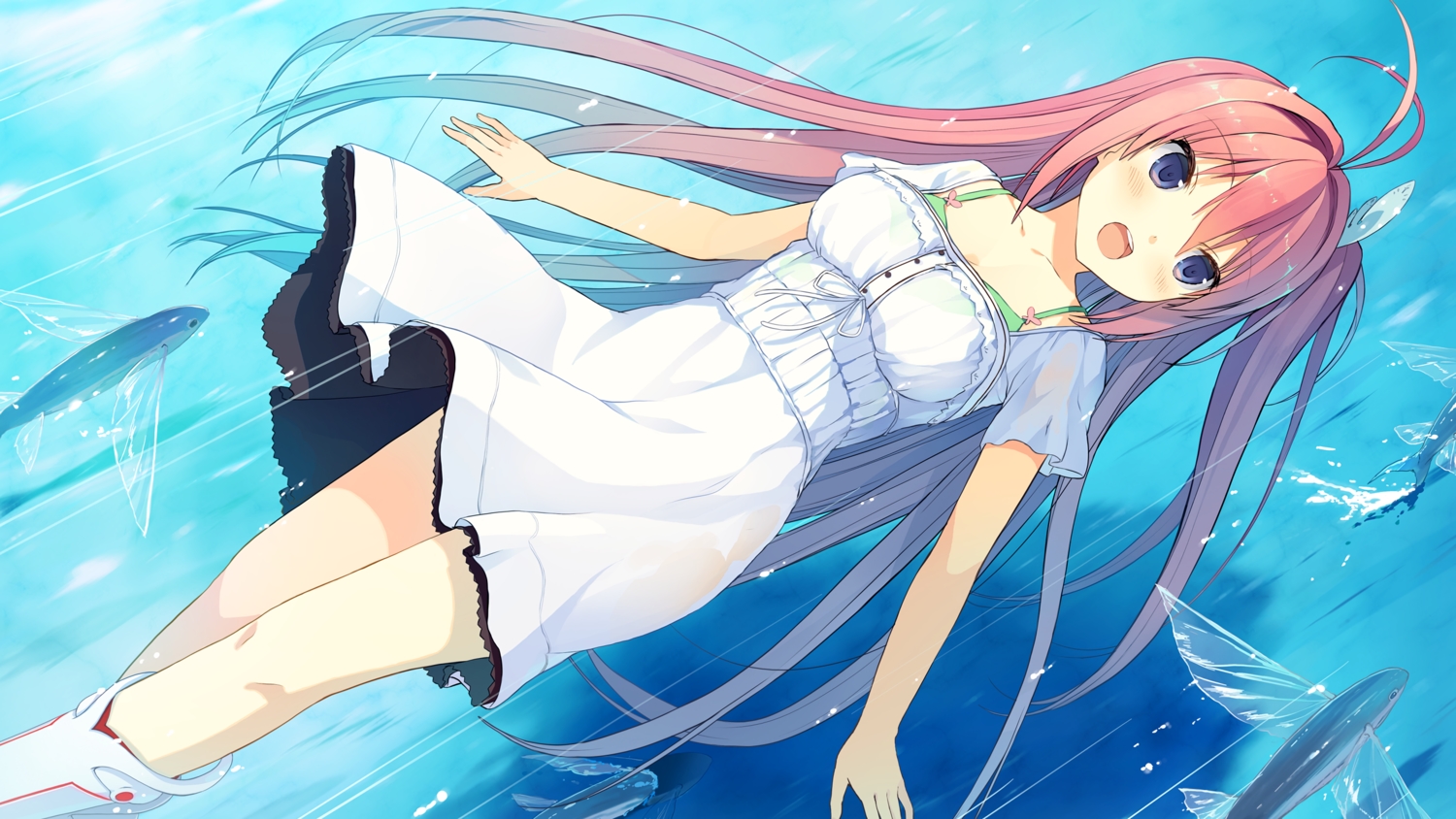 animal, ao_no_kanata_no_four_rhythm, blue_eyes, blush, dress, fish, game_cg, kurashina_asuka