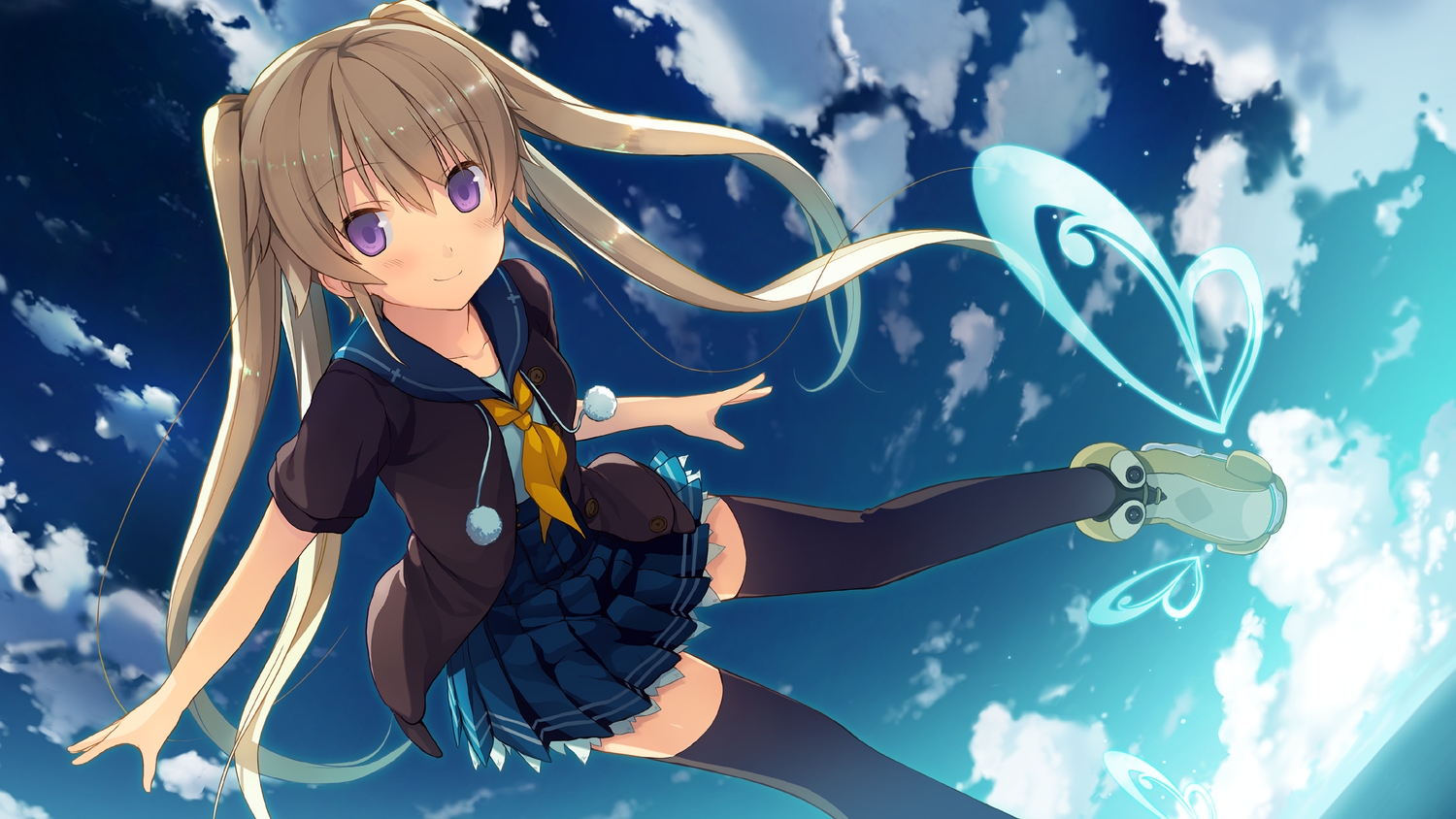 ao_no_kanata_no_four_rhythm, arisaka_mashiro, brown_hair, game_cg, long_hair, purple_eyes, school_uniform, skirt