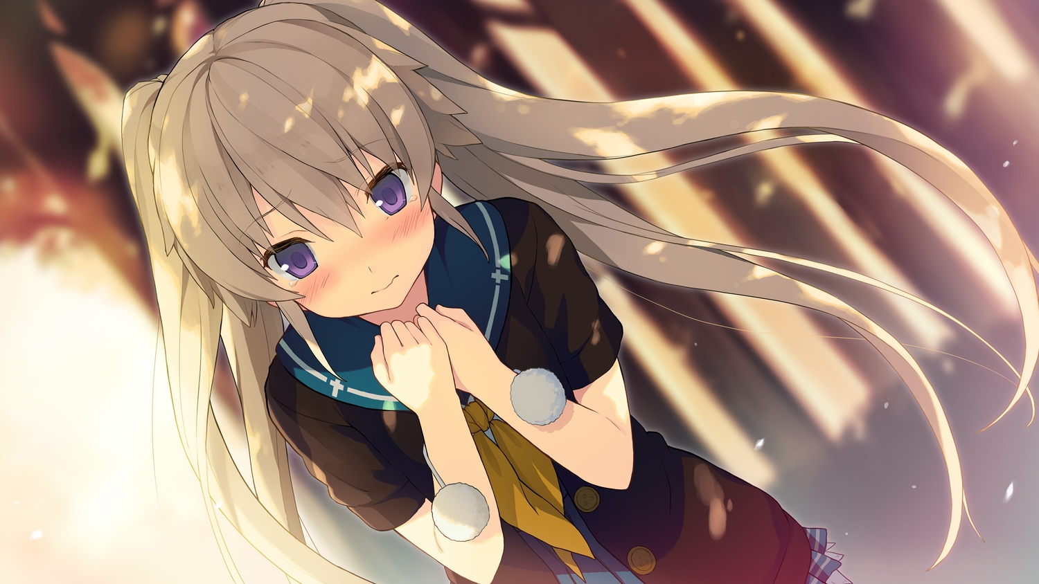 ao_no_kanata_no_four_rhythm, arisaka_mashiro, blush, brown_hair, game_cg, long_hair, purple_eyes, school_uniform