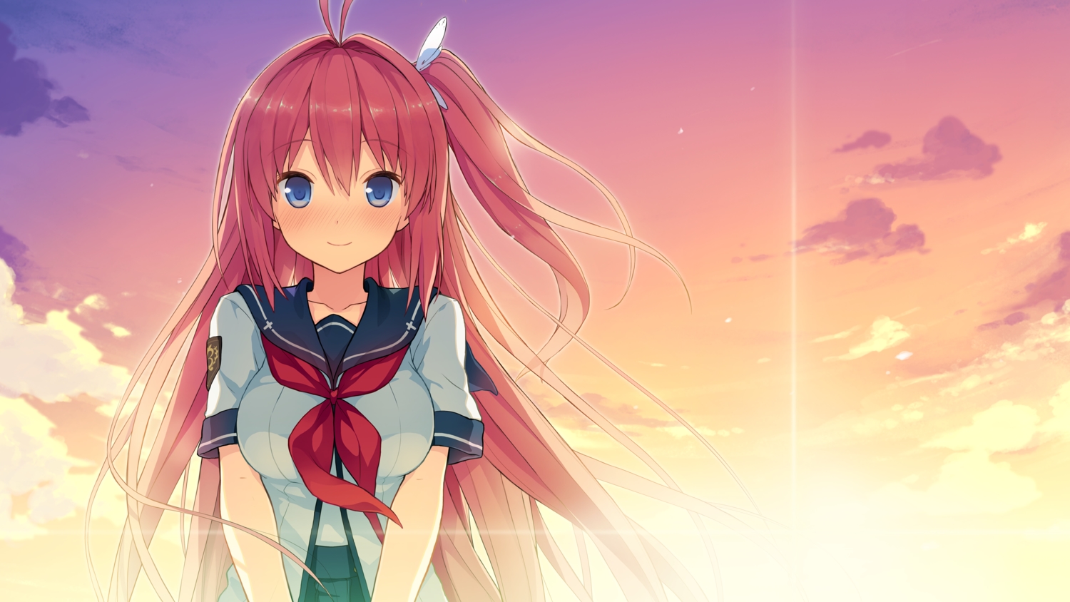 ao_no_kanata_no_four_rhythm, blue_eyes, blush, clouds, game_cg, kurashina_asuka, long_hair, pink_hair