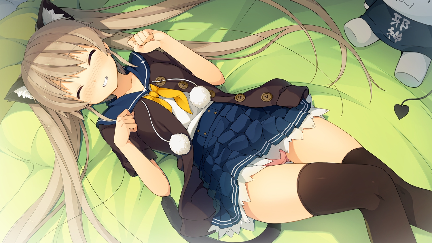 animal_ears, ao_no_kanata_no_four_rhythm, arisaka_mashiro, bed, blush, brown_hair, catgirl, game_cg