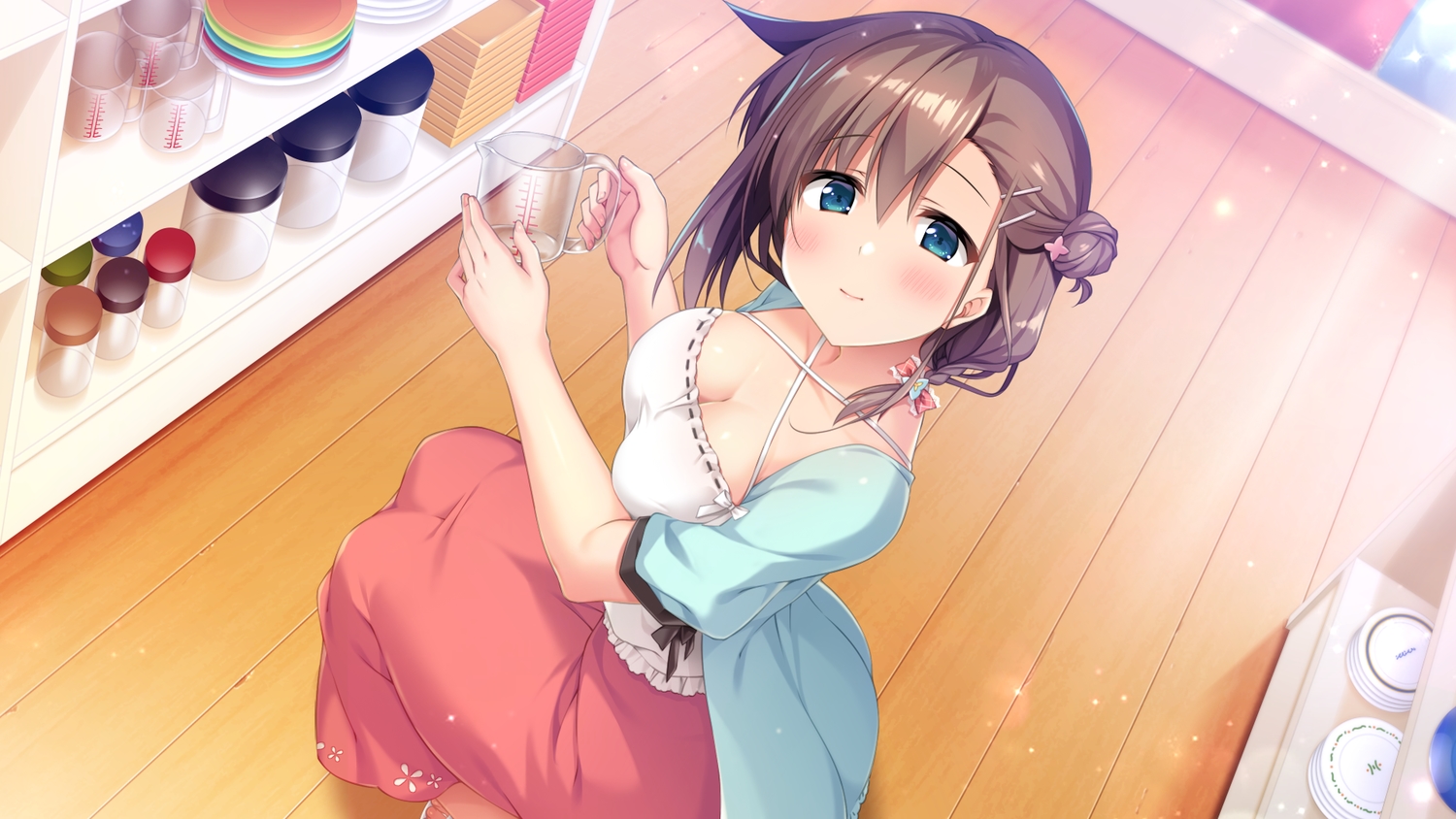 blue_eyes, blush, breasts, brown_hair, cleavage, game_cg, onaji_class_no_idol-san, shouna_mitsuishi