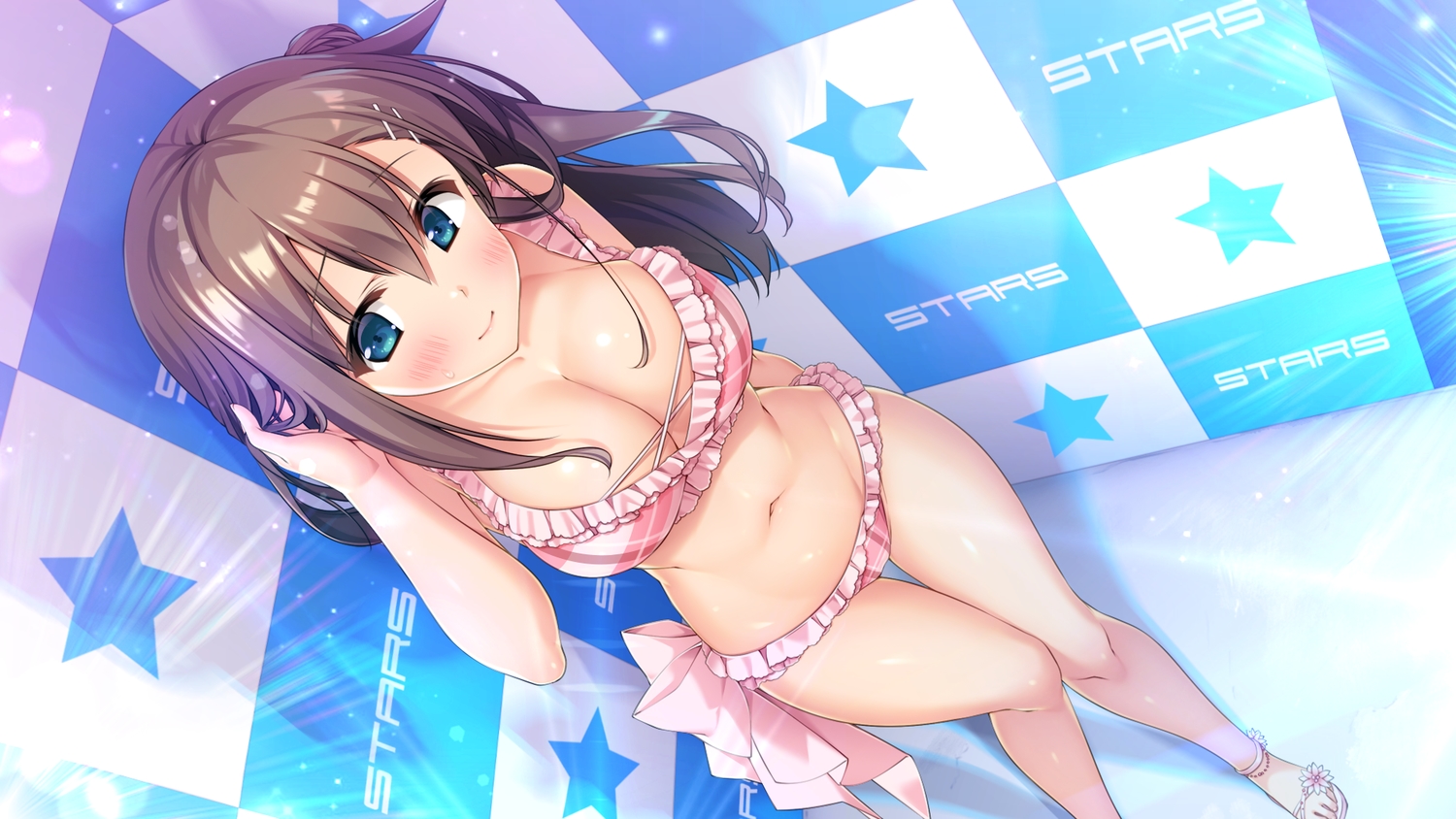 bikini, blue_eyes, blush, breasts, brown_hair, cleavage, game_cg, navel