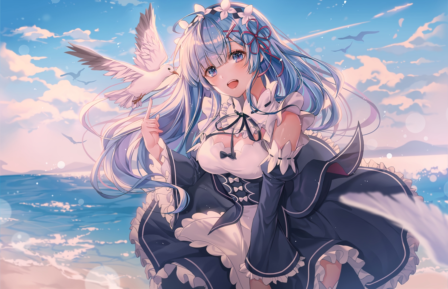 animal, beach, bird, blue_hair, breasts, cleavage, clouds, cropped