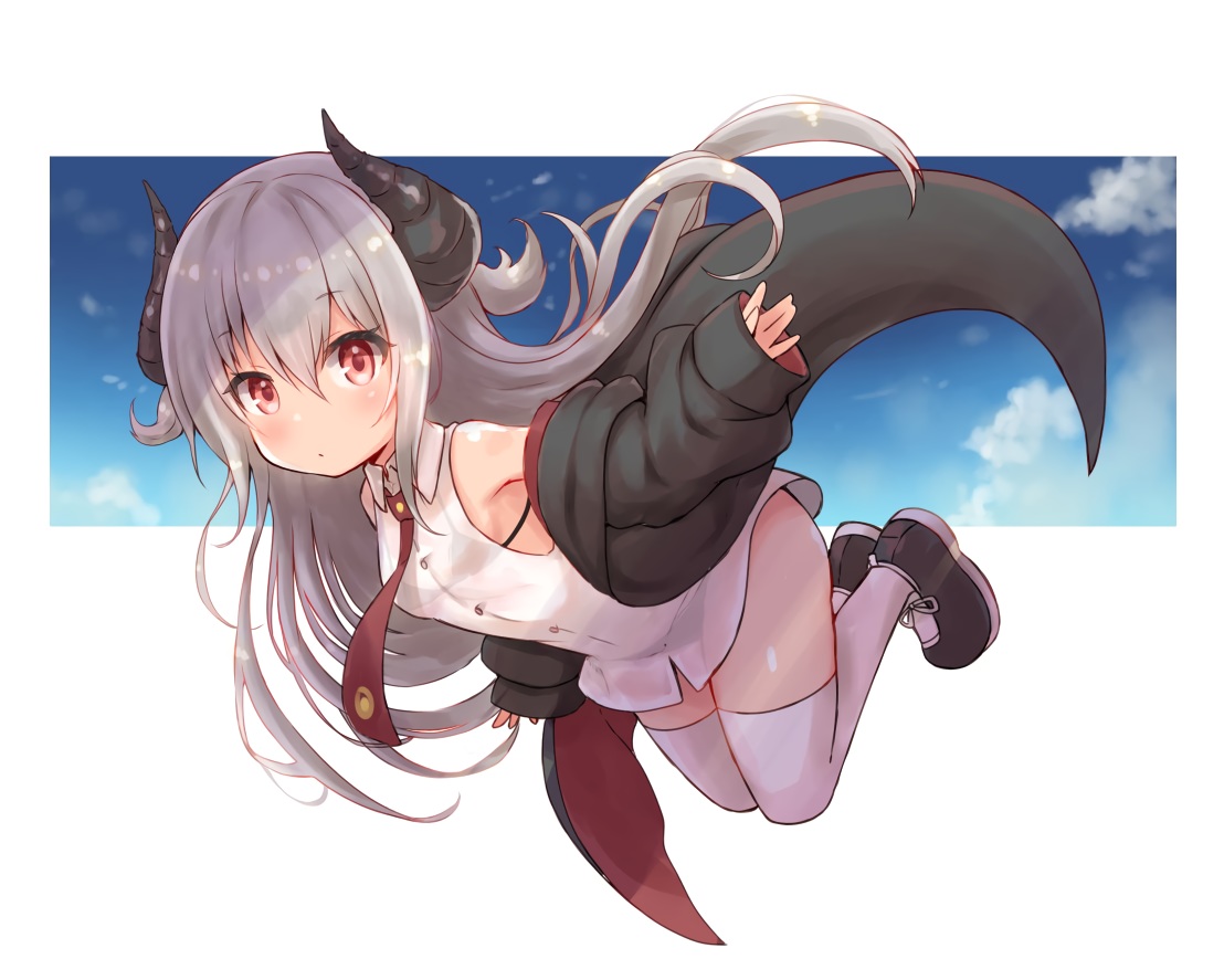 clouds, gray_hair, horns, long_hair, original, red_eyes, siragagaga, sky
