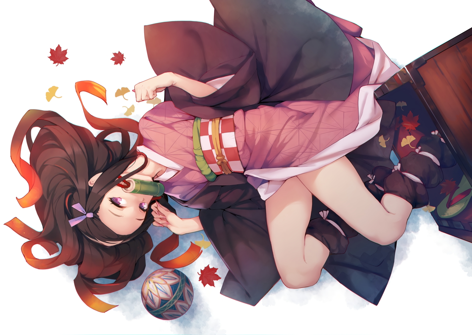 ataruman, ball, brown_hair, gag, japanese_clothes, kamado_nezuko, kimetsu_no_yaiba, leaves