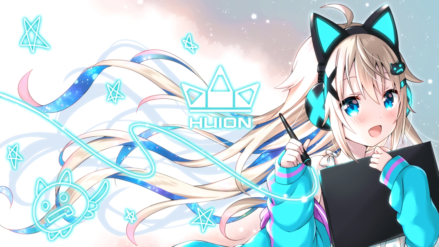 animal_ears, aqua_eyes, blonde_hair, blush, headphones, huion, indie_virtual_youtuber, long_hair
