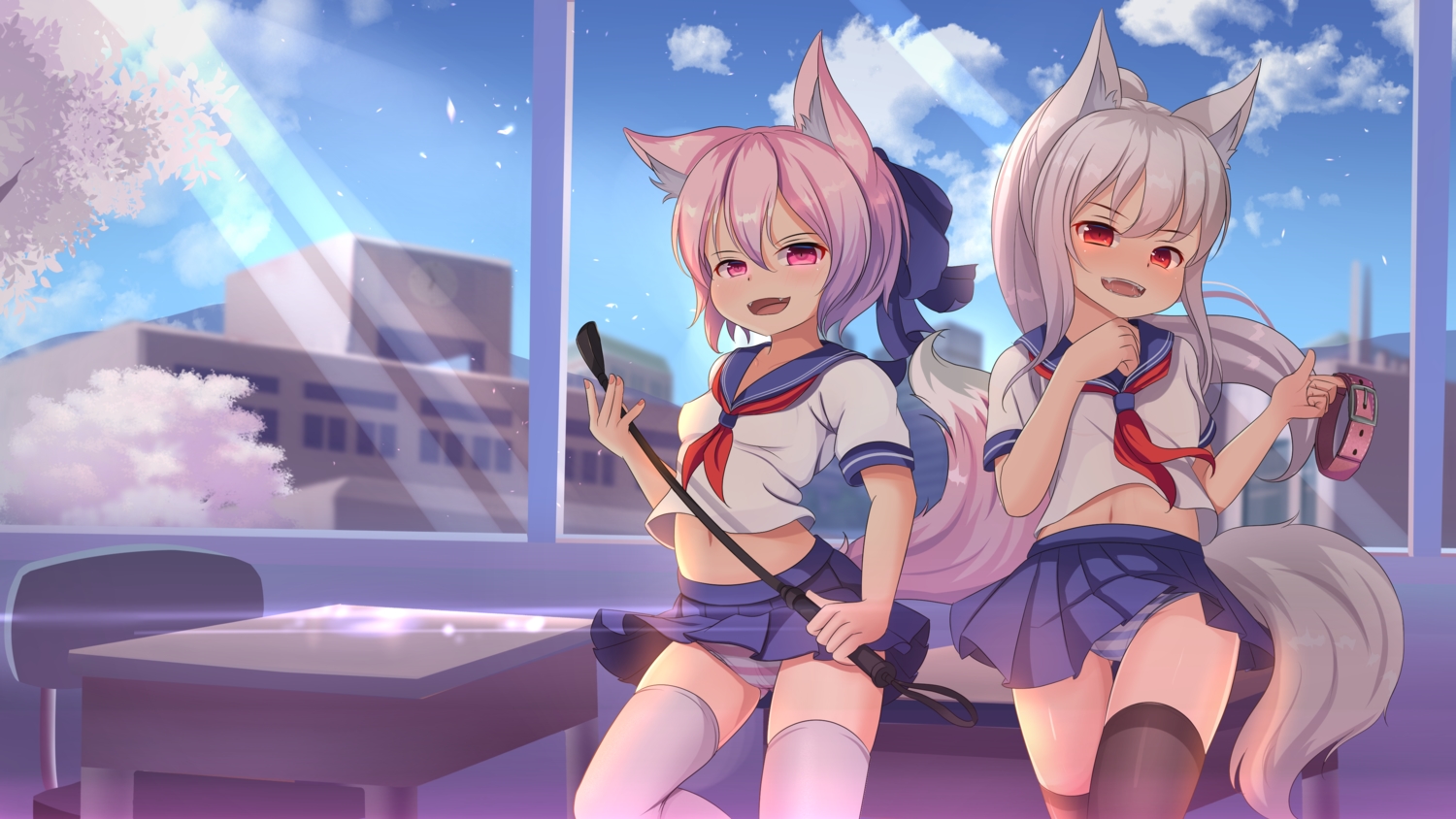 animal_ears, fang, gray_hair, hotel01, loli, original, panties, pink_hair