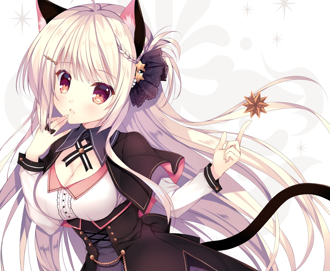 animal_ears, blush, breasts, catgirl, cleavage, cropped, dress, long_hair