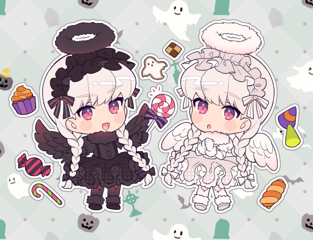 2girls, alice_(fate/extra), angel, braids, cake, candy, chibi, fate/extra