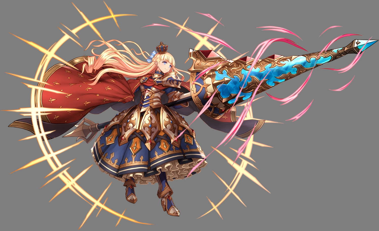 armor, blonde_hair, blue_eyes, braids, cape, crown, dress, long_hair, magic, mireille_(sennen_sensou_aigis), sennen_sensou_aigis, spear, tagme_(artist), transparent, weapon