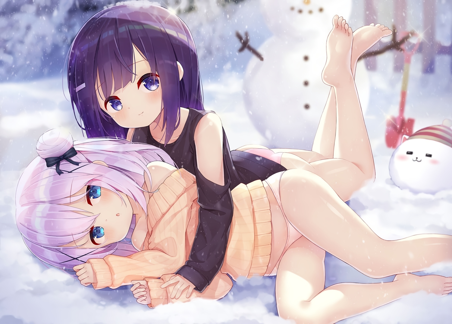 2girls, aqua_eyes, ass, barefoot, blush, fuiba_fuyu, gochuumon_wa_usagi_desu_ka?, kafuu_chino