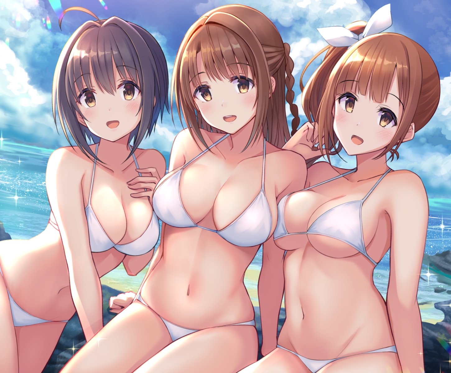 bikini, black_hair, blush, braids, breasts, brown_hair, cleavage, clouds