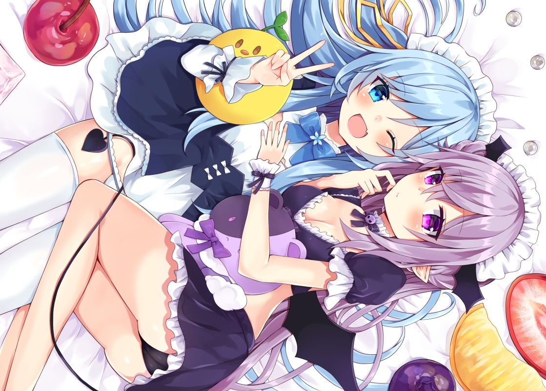 2girls, ass, blue_eyes, blue_hair, blush, breasts, cherry, cleavage, dress, food, fruit, goth-loli, headband, lolita_fashion, long_hair, maid, maki_soutoki, original, panties, pointed_ears, purple_eyes, purple_hair, skirt, strawberry, tail, underwear, wink