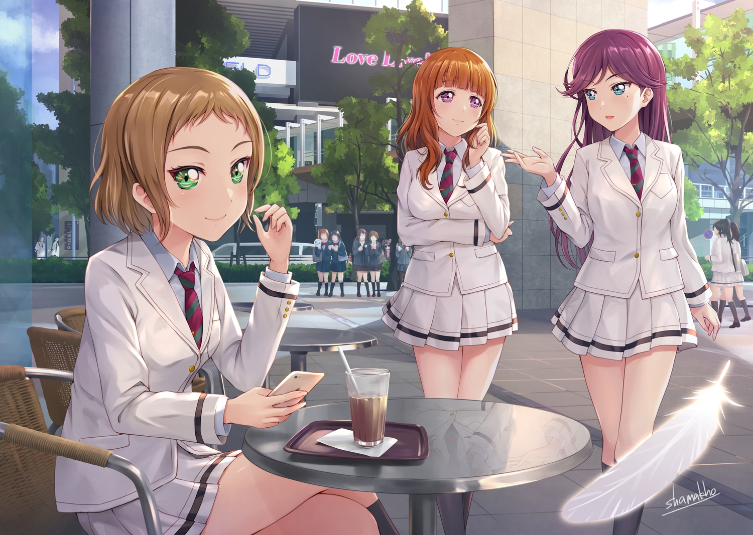 kira_tsubasa, long_hair, love_live!_school_idol_project, reflection, school_uniform, shamakho, short_hair, signed