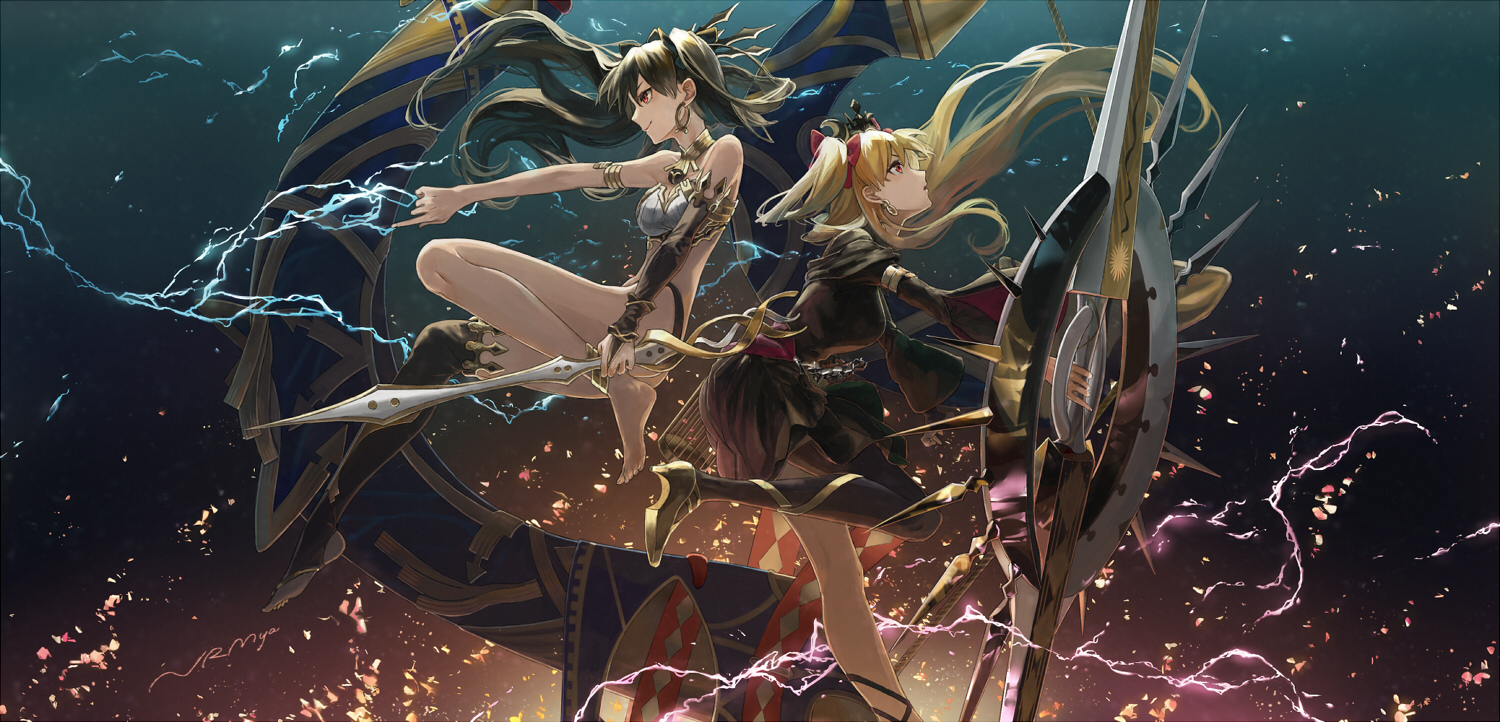 2girls, black_hair, blonde_hair, ereshkigal_(fate/grand_order), fate/grand_order, fate_(series), ishtar_(fate/grand_order), long_hair, narumiya_(040miya), red_eyes, signed, thighhighs, twintails, weapon