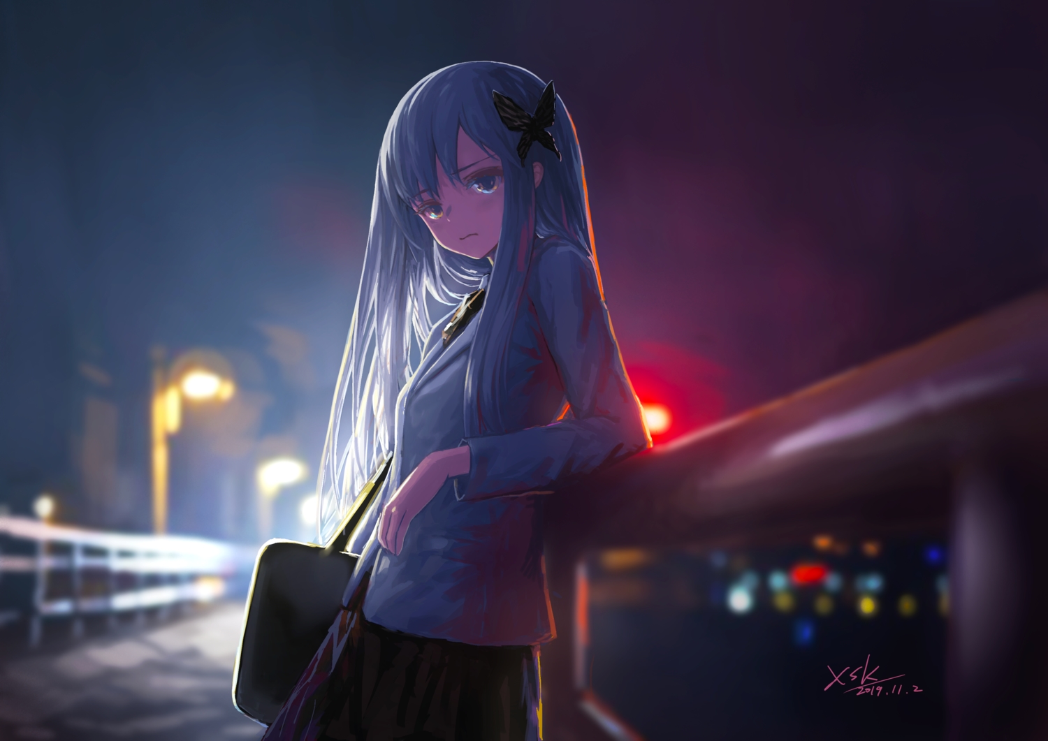 ac_xsk, bang_dream!, blue_eyes, blue_hair, dark, long_hair, minato_yukina, night, school_uniform, signed, skirt