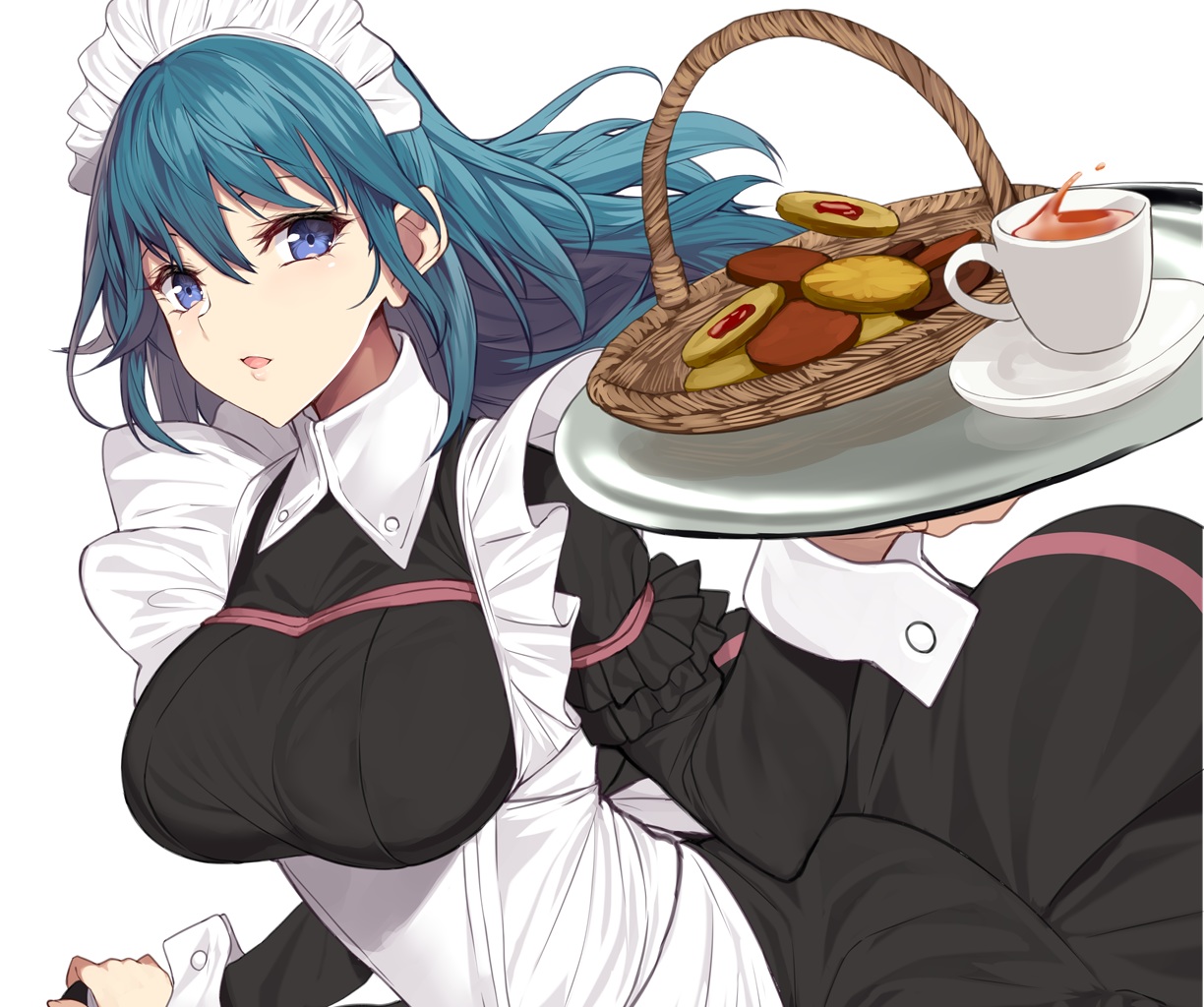 apron, blue_eyes, blue_hair, byleth_(female), cropped, drink, fire_emblem, food, headdress, long_hair, maid, skirt_lift, white, yappen