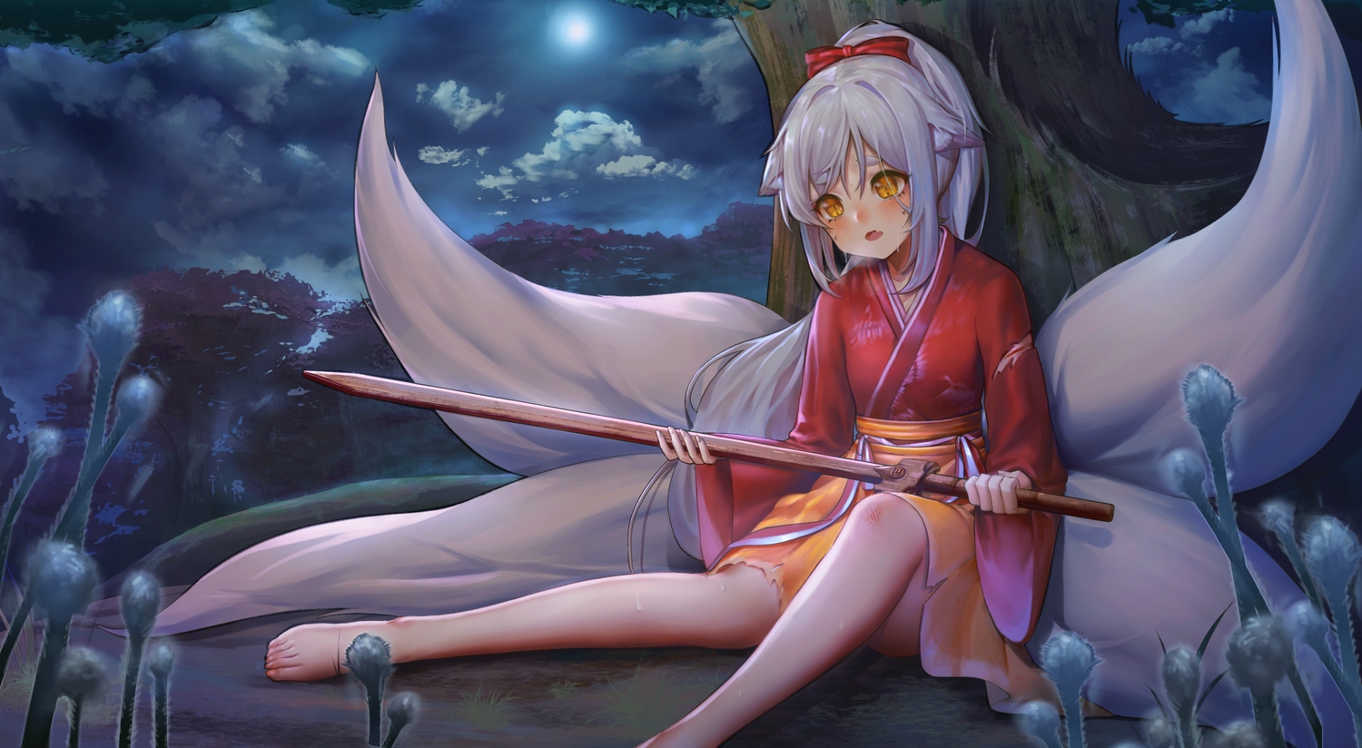 animal_ears, barefoot, dysoor, foxgirl, japanese_clothes, long_hair, multiple_tails, original