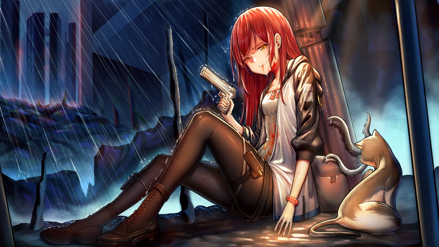 animal, cat, dysoor, gun, long_hair, original, pantyhose, red_hair