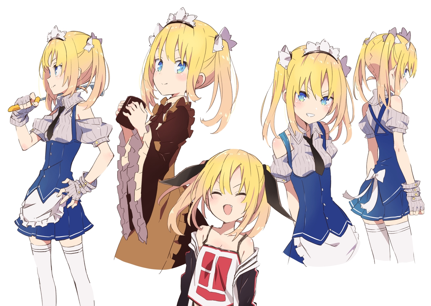 amaryllis_gumi, apron, aqua_eyes, blonde_hair, drink, fang, gloves, headdress