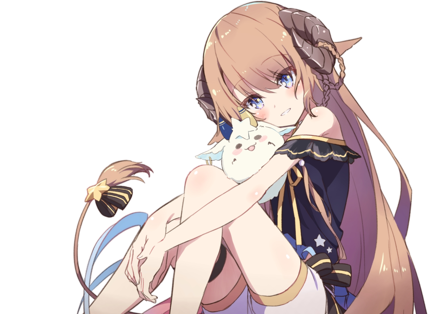 animal_ears, blue_eyes, brown_hair, horns, indie_virtual_youtuber, long_hair, nanase_subaru_(vtuber), shorts