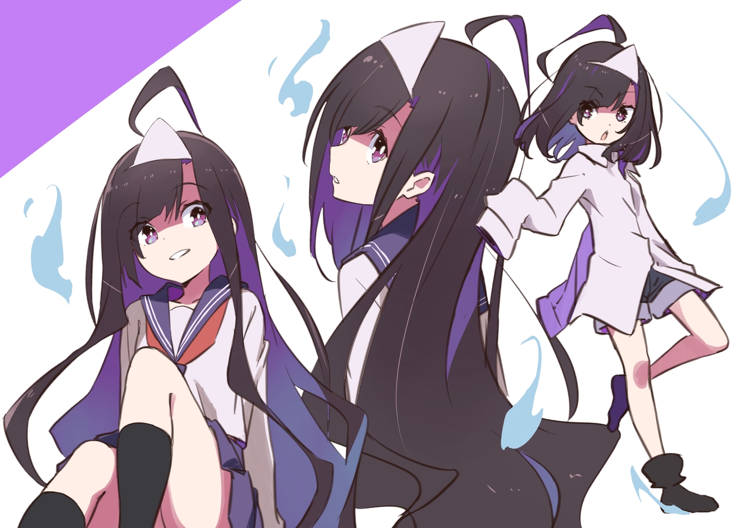 black_hair, headdress, kneehighs, loli, long_hair, original, purple_eyes, school_uniform, shirt, short_hair, shorts, skirt, tama_(tama-s), yurako-san_(tama)