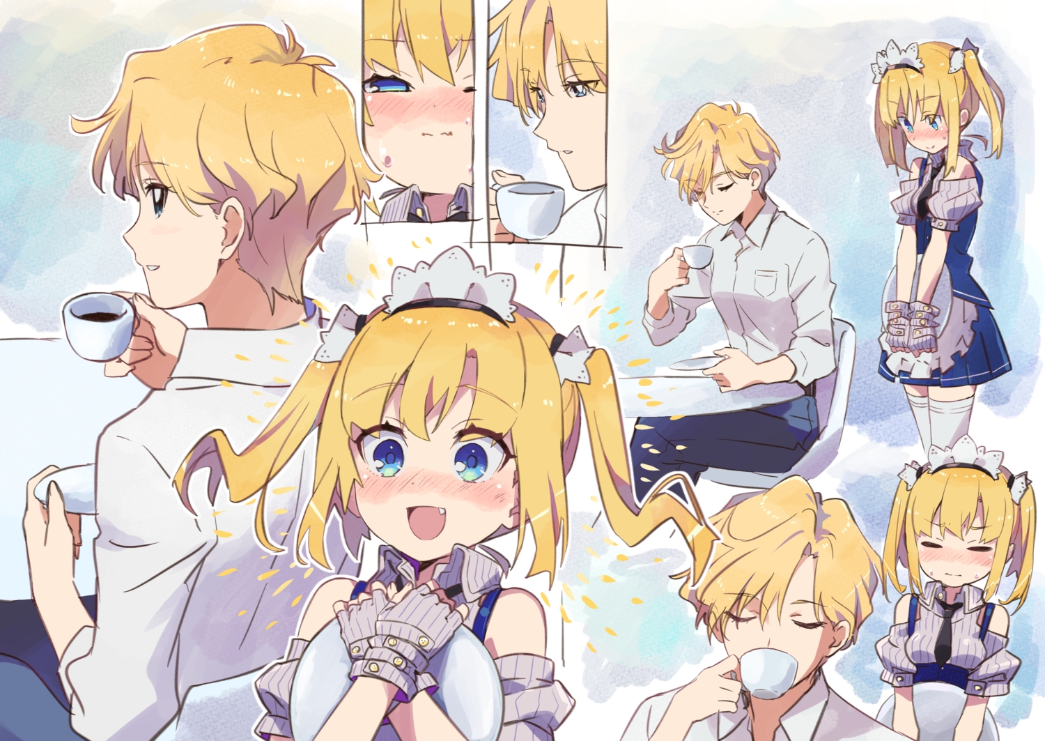 2girls, amaryllis_gumi, apron, aqua_eyes, blonde_hair, blue_eyes, blush, crossover