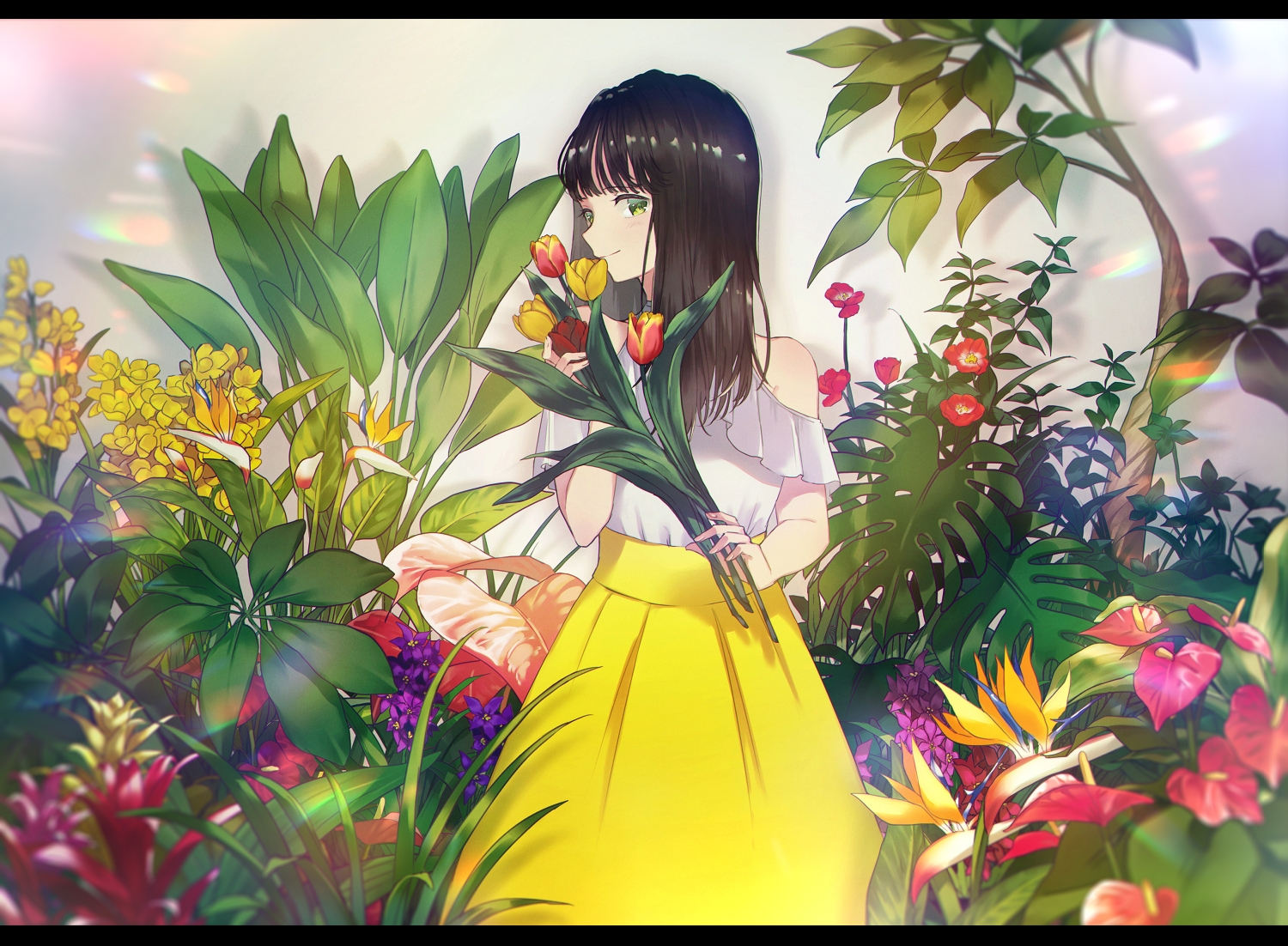 black_hair, dress, flowers, green_eyes, kusaka_kou, long_hair, original