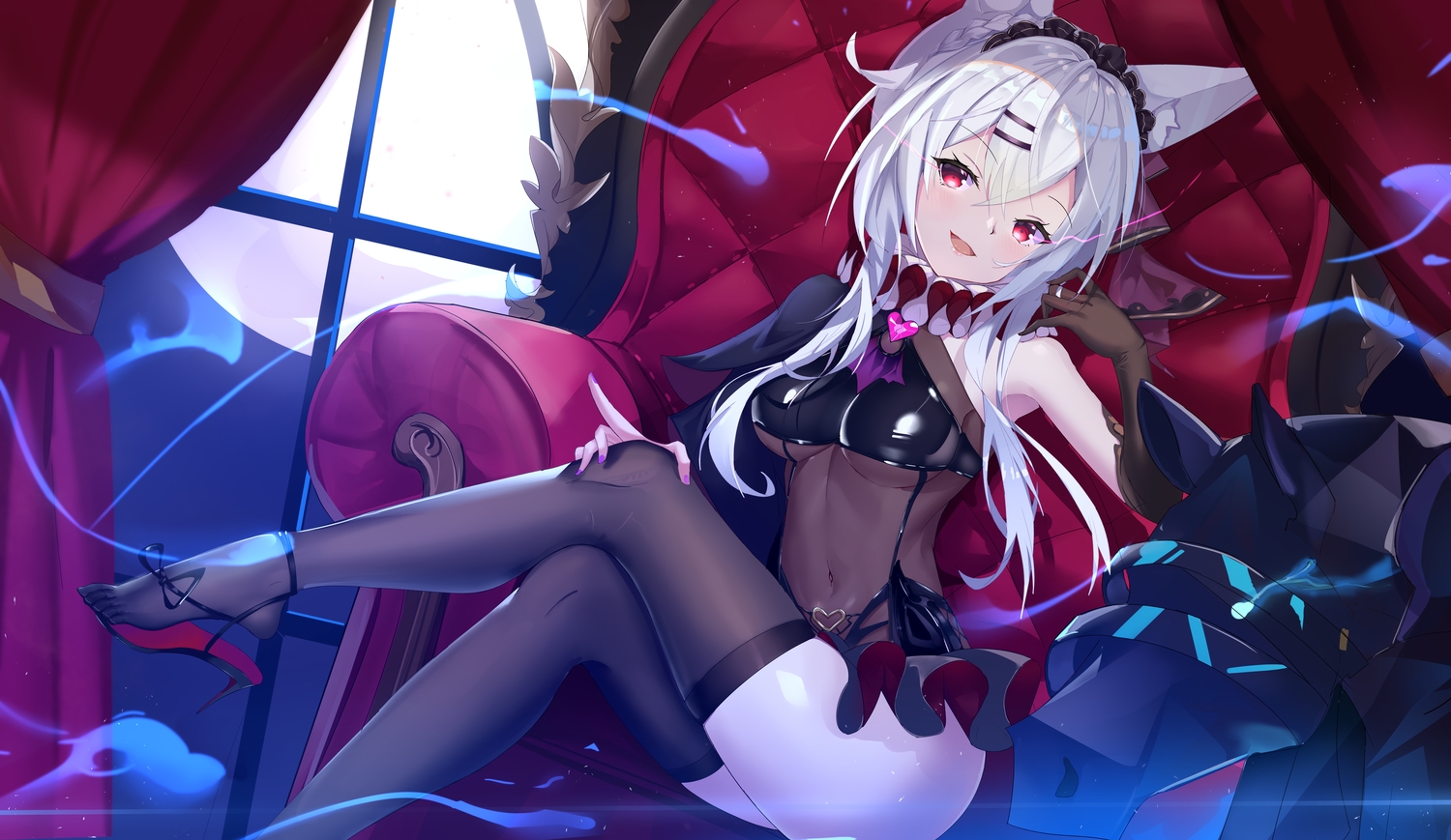 animal_ears, bodysuit, breasts, long_hair, see_through, skirt, thighhighs, underboob, white_hair, zhongwu_chahui