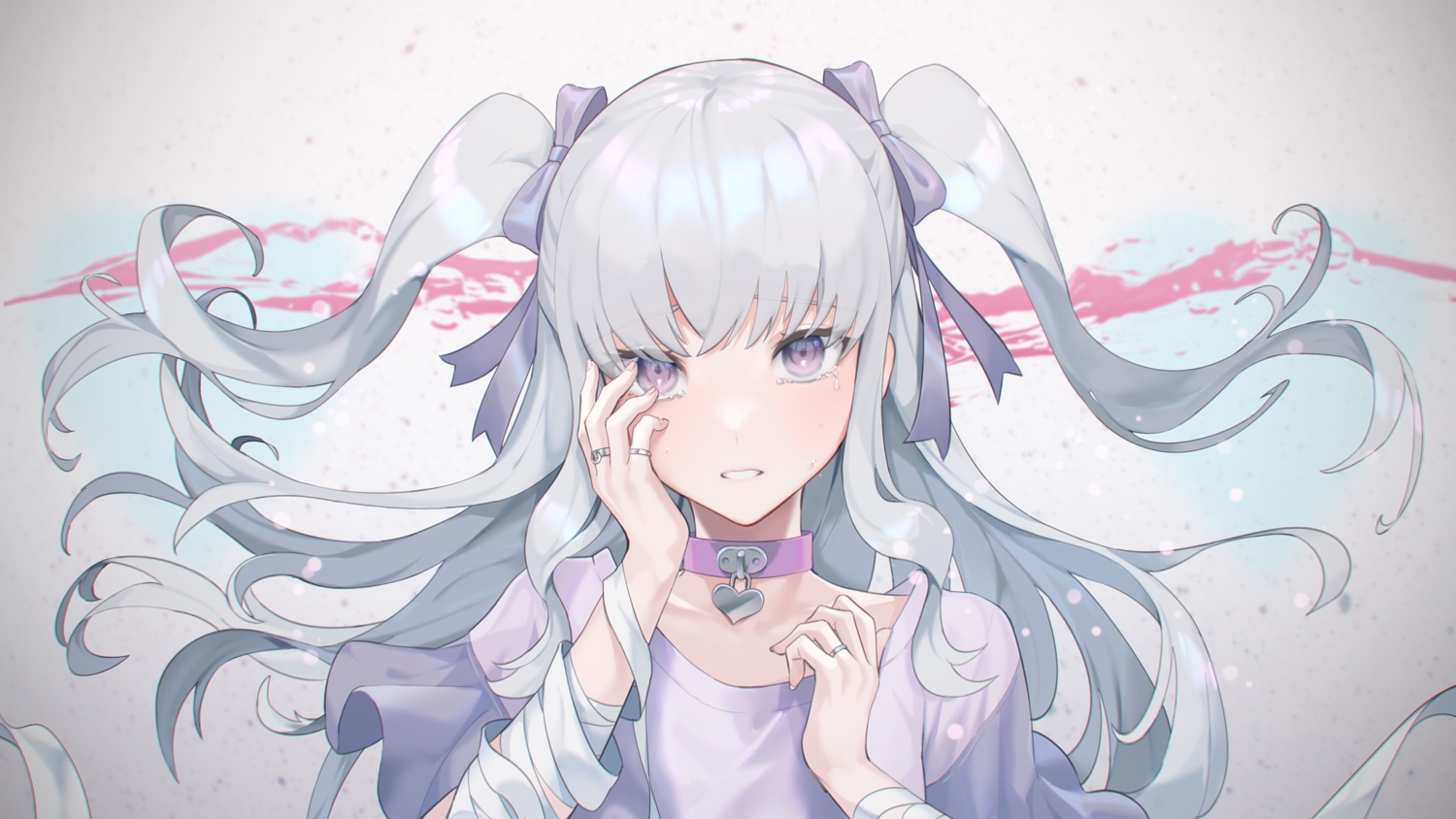 bandage, close, collar, gradient, gray_hair, original, polychromatic, purple_eyes, tears, twintails, wakahiko