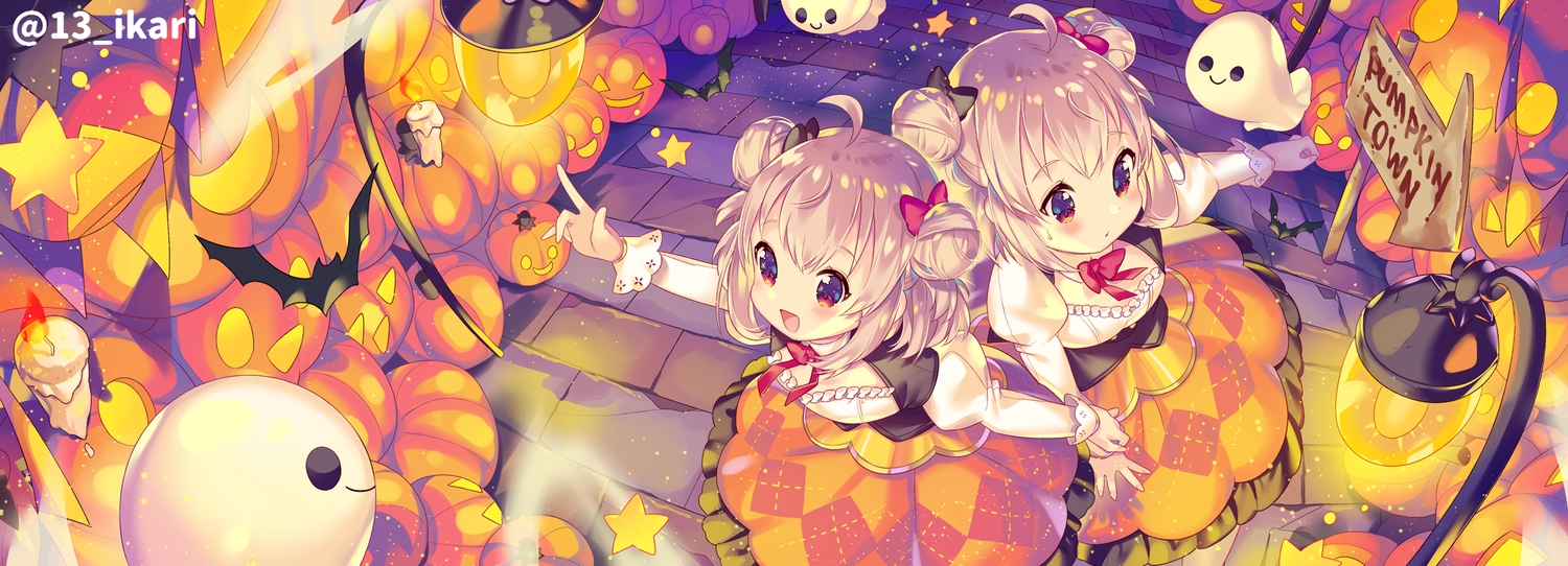 2girls, animal, bat, blonde_hair, halloween, ikari_(aor3507), original, pumpkin
