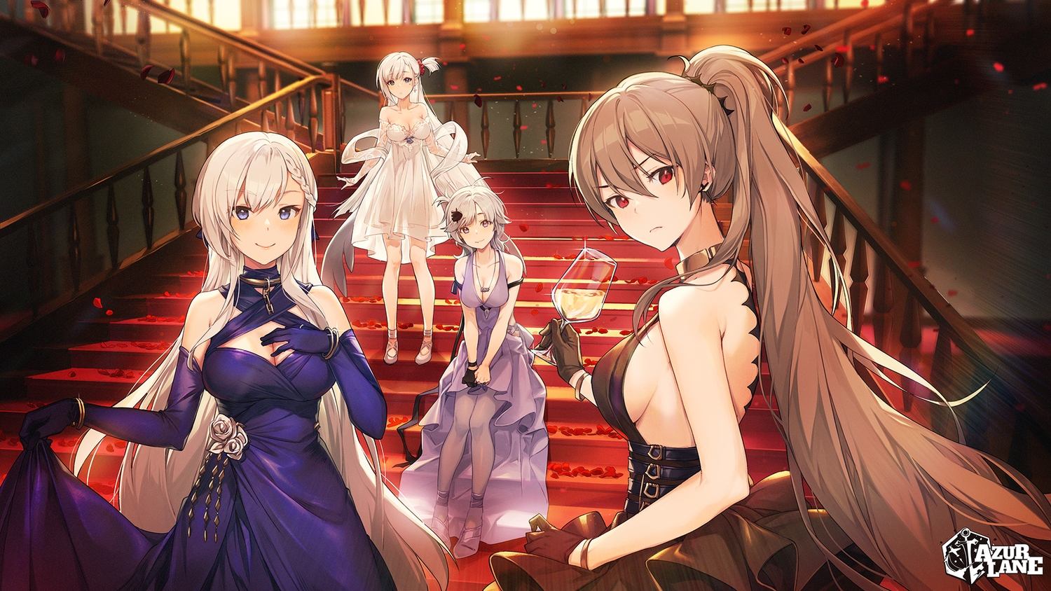 anthropomorphism, azur_lane, belfast_(azur_lane), breasts, brown_hair, cleavage, dress, gray_eyes