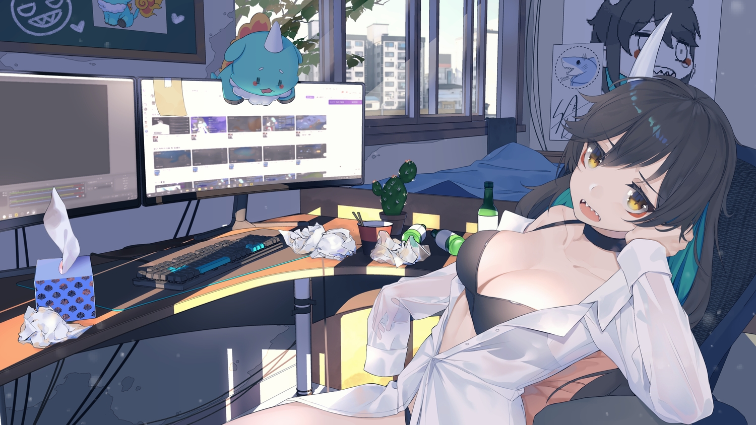 black_hair, bra, breasts, cleavage, computer, horns, long_hair, original