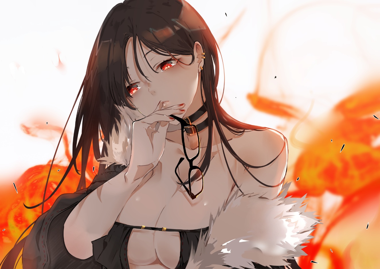 black_hair, breasts, cleavage, collar, consort_yu_(fate), fate/grand_order, fate_(series), glasses