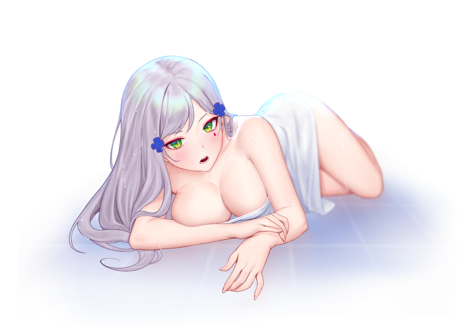 anthropomorphism, blush, breasts, cleavage, girls_frontline, gray_hair, green_eyes, hk416_(girls_frontline)