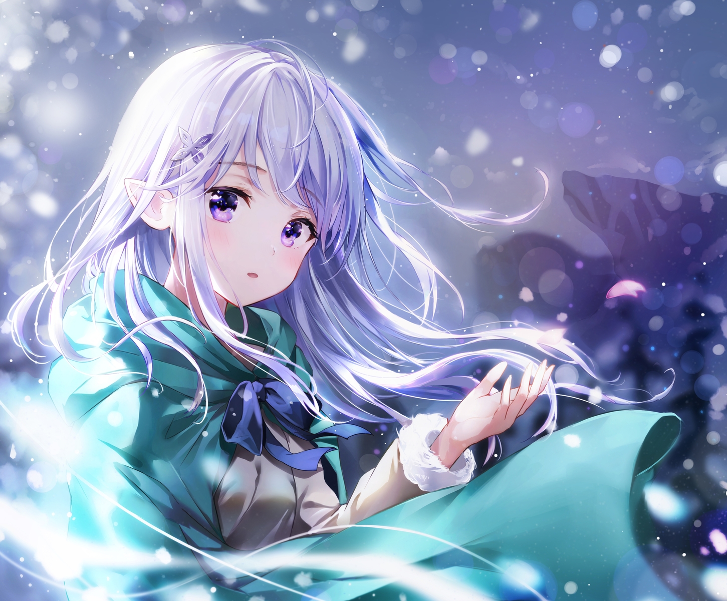 cape, dana_(hapong07), emilia_(re:zero), pointed_ears, purple_eyes, purple_hair, re:zero_kara_hajimeru_isekai_seikatsu, snow