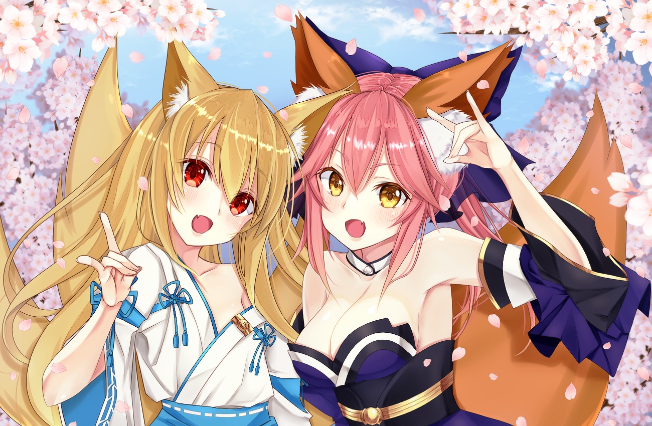 2girls, aliasing, animal_ears, blonde_hair, blush, breasts, cherry_blossoms, cleavage