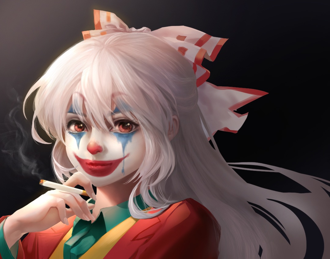 cigarette, cosplay, fujiwara_no_mokou, gray_hair, joker_(2019), long_hair, parody, red_eyes