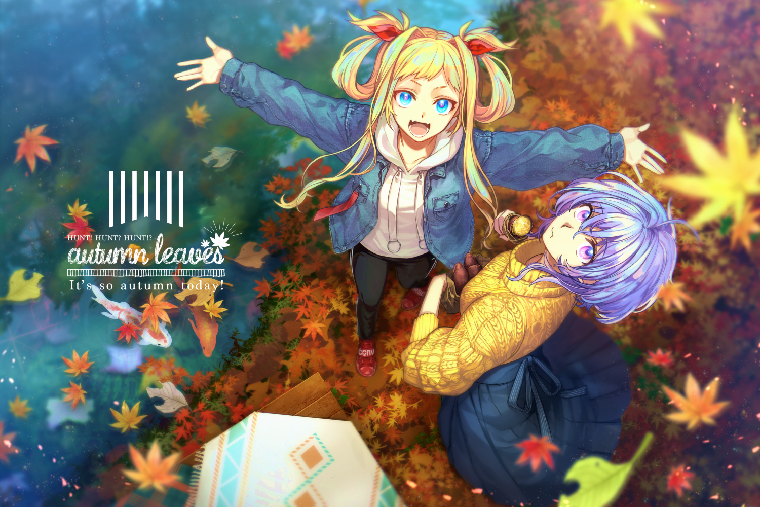 2girls, aqua_eyes, autumn, blonde_hair, leaves, long_hair, original, purple_eyes