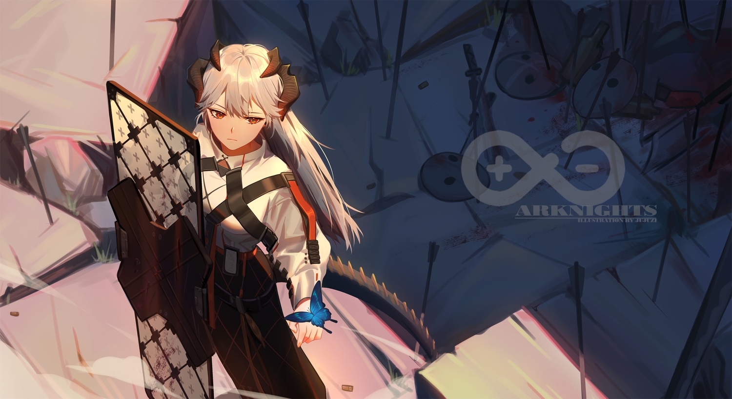 arknights, butterfly, horns, long_hair, saria_(arknights), tail, watermark, xtears_kitsune