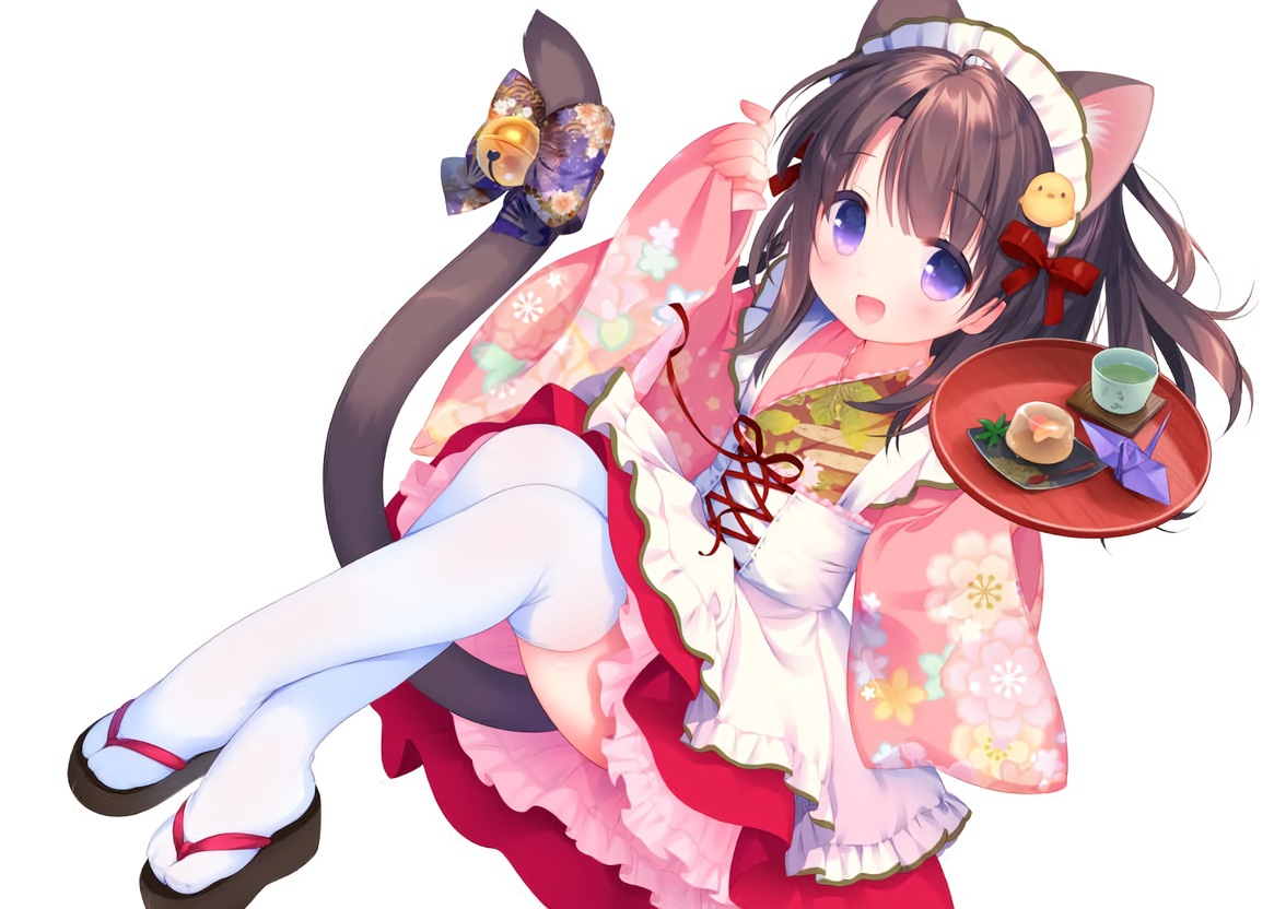 animal_ears, apron, bell, bow, brown_hair, catgirl, cropped, drink
