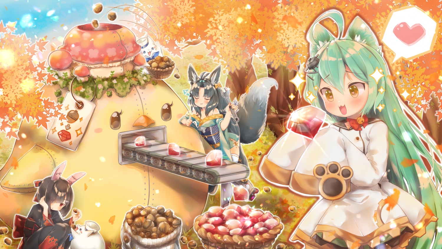 akashi_(azur_lane), animal, animal_ears, anthropomorphism, autumn, azur_lane, black_hair, bunny_ears, bunnygirl, cat, catgirl, foxgirl, green_hair, japanese_clothes, kimono, kuma_(pompon_tail), long_hair, manjuu_(azur_lane), red_eyes, shiranui_(azur_lane), short_hair, swimsuit, tail, tree, yellow_eyes, yuubari_(azur_lane)