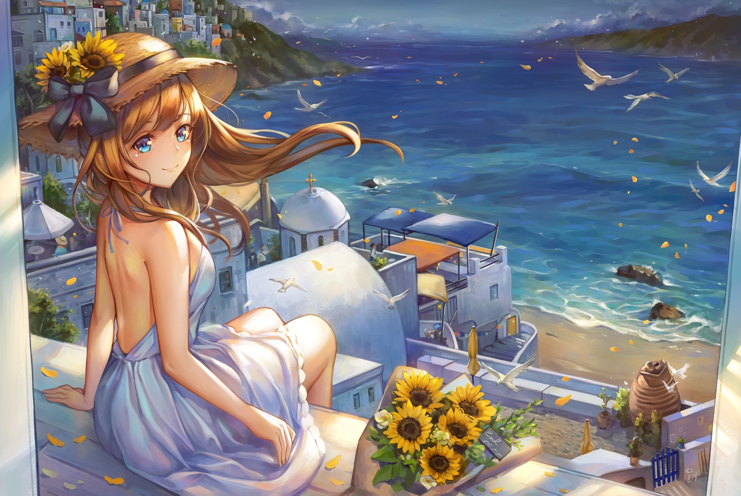 animal, aqua_eyes, beach, bird, building, city, dress, flowers