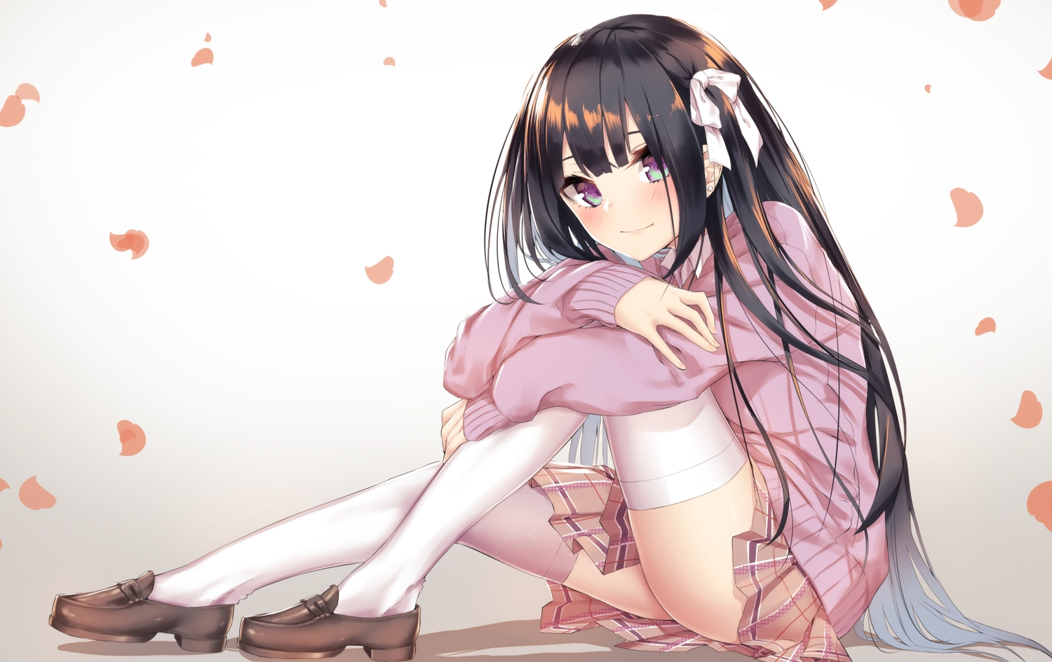aliasing, black_hair, gradient, long_hair, original, petals, sahara386, school_uniform