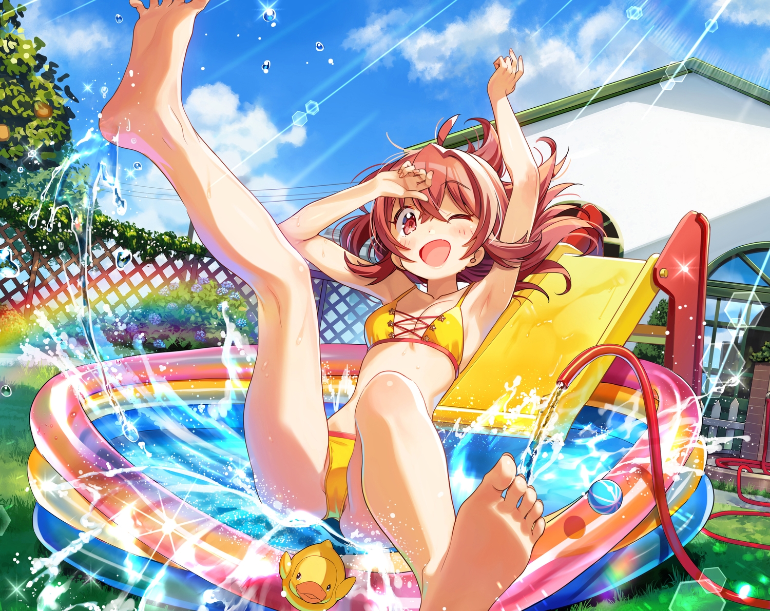 barefoot, bikini, building, clouds, cropped, flowers, idolmaster, idolmaster_shiny_colors