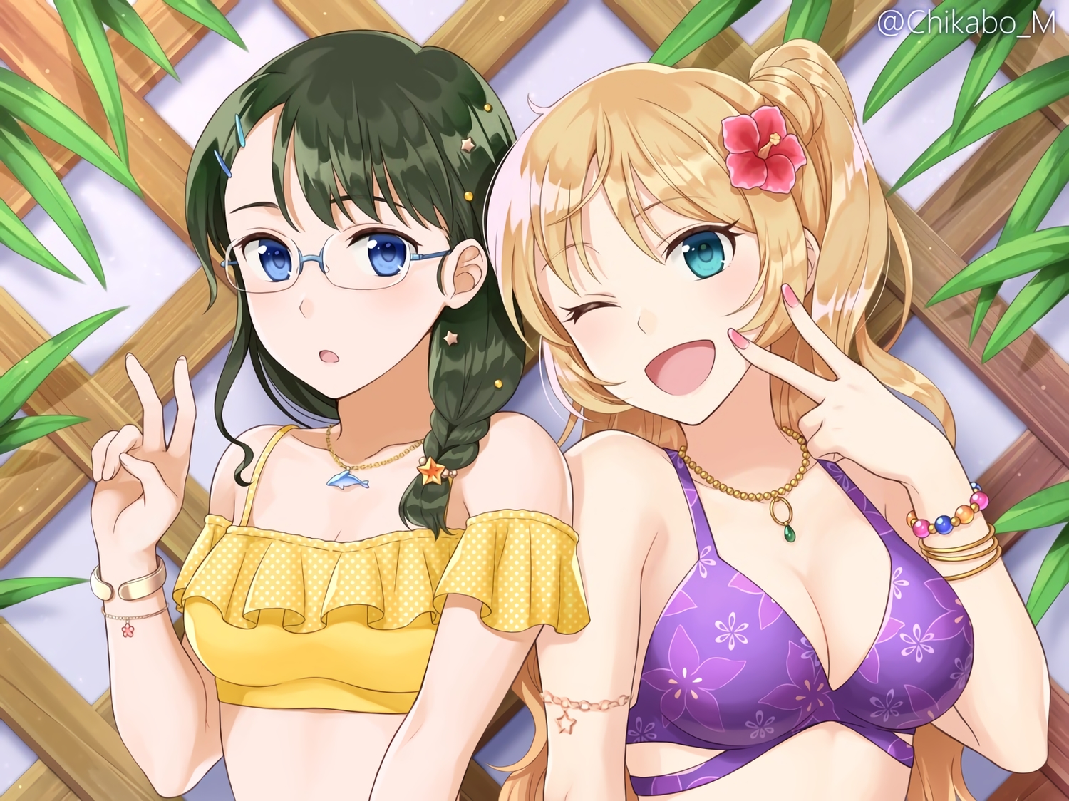 2girls, aqua_eyes, bikini, blonde_hair, blue_eyes, braids, breasts, chikabo_m, cleavage, cropped, glasses, green_hair, necklace, original, ponytail, swimsuit, waifu2x, watermark, wink, wristwear
